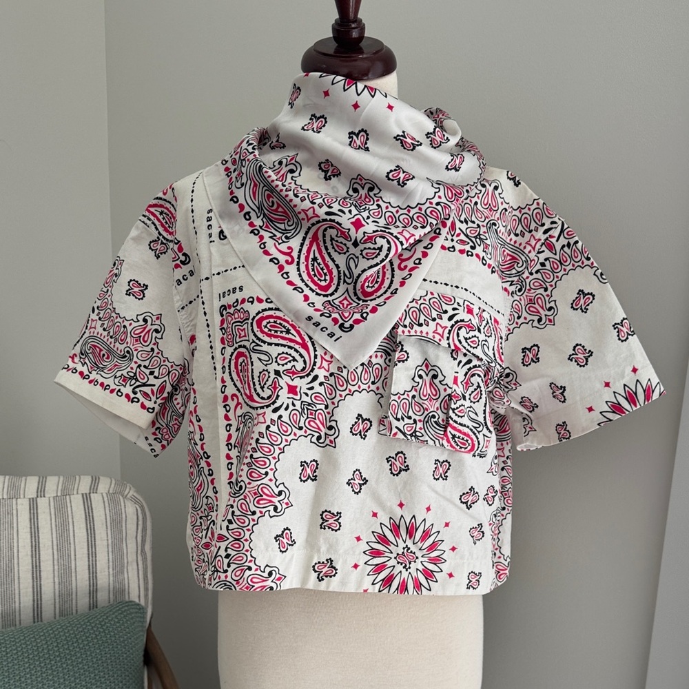 Sacai White and Pink Paisley/Bandana Print Blouse with Detachable Scarf